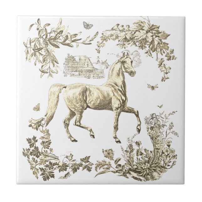 Elegant Vintage Beige Häst Blommig Kakelplatta (Framsidan)