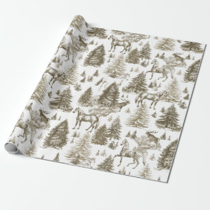 Elegant Vintage Beige Hästar Snöig Skog Toile Presentpapper