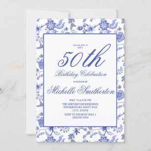 Elegant Vintage Blå Blommig 50-årsdag Kvinnor Inbjudningar