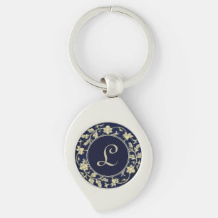 Elegant Vintage Blå Blommig Initial Monogram Swirl Silverfärgad Nyckelring