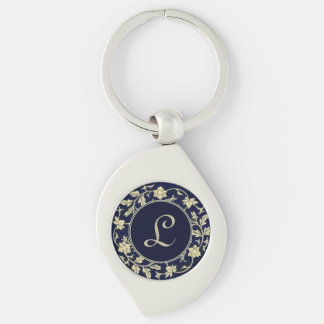 Elegant Vintage Blå Blommig Initial Monogram Swirl Silverfärgad Nyckelring
