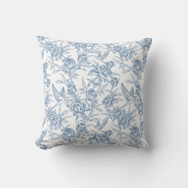 Elegant Vintage Blå Blommig Toile de Jouy Fransk Kudde