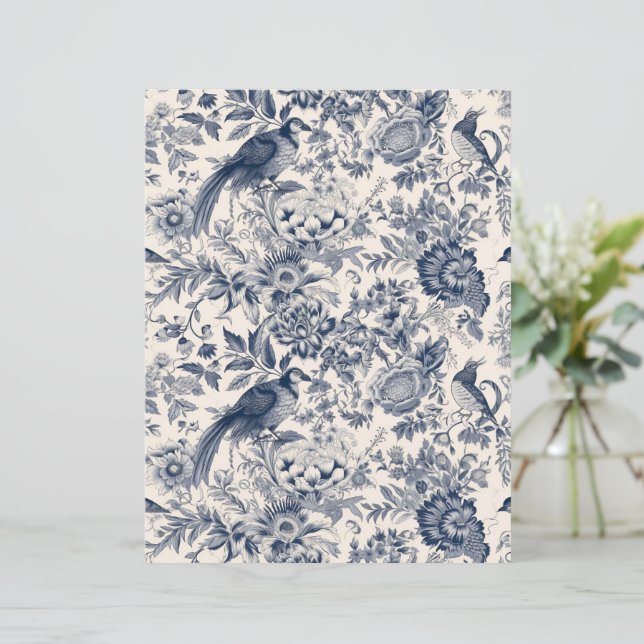 Elegant Vintage Blå Blommig Toile Fleurie med Fågl (Stående Fram)