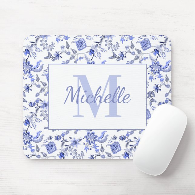 Elegant Vintage Blå Blommig Vit Monogram Namn Musmatta (Med mus)