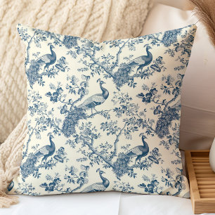 Elegant Vintage Blå Chinoiserie Påfågel Kudde