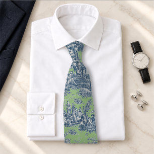 Elegant Vintage Blå Grön Toile De Jouy Slips