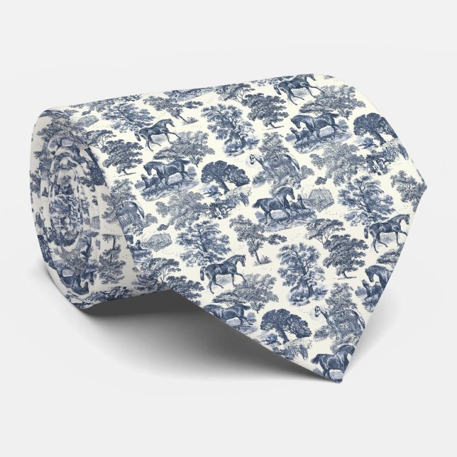 Elegant Vintage Blå Hästar Country Toile Slips (Rullad)