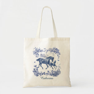Elegant Vintage Blå Hästar Country Toile Tygkasse