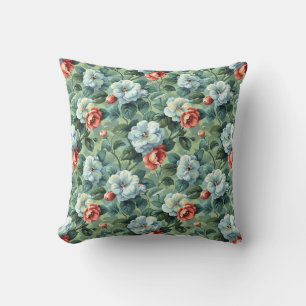 Elegant Vintage Blå & Korall Blommig Kudde