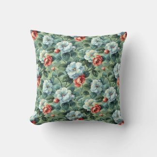 Elegant Vintage Blå & Korall Blommig Kudde