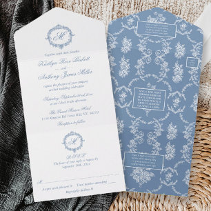 Elegant Vintage Blå Toile Monogram Bröllop