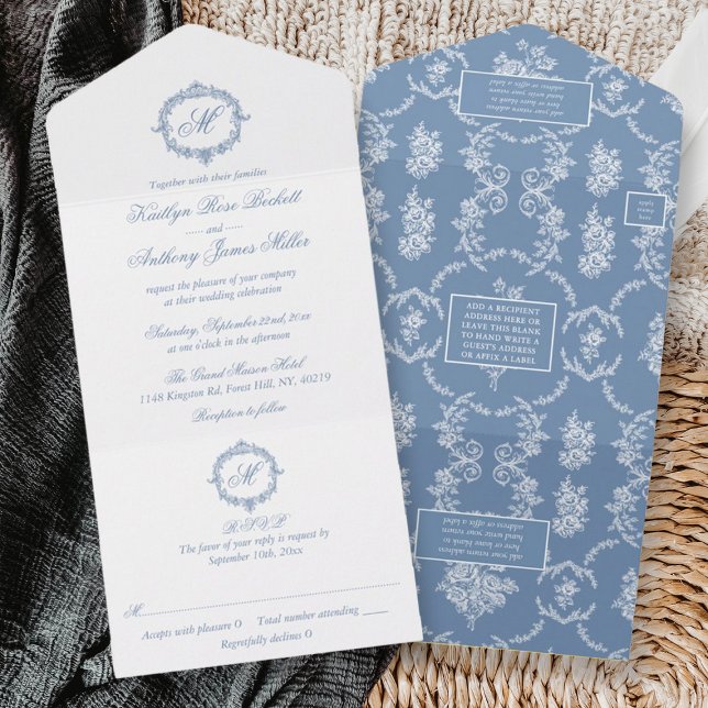 Elegant Vintage Blå Toile Monogram Bröllop (Skapare uppladdad)