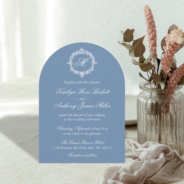Elegant Vintage Blå Toile Monogram Bröllop Inbjudningar (Skapare uppladdad)