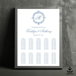 Elegant Vintage Blå Toile Monogram Bröllop Poster