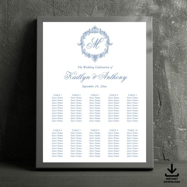 Elegant Vintage Blå Toile Monogram Bröllop Poster (Skapare uppladdad)