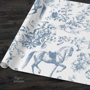Elegant Vintage Blå Vit Häst Blommig Mönster Presentpapper