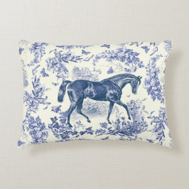 Elegant Vintage Blå Vit Häst Blommönster Toile Prydnadskudde