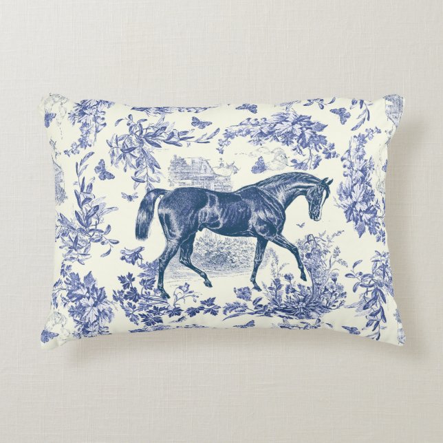 Elegant Vintage Blå Vit Häst Blommönster Toile Prydnadskudde (Framsidan)