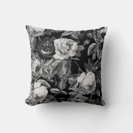 Elegant Vintage Black and Vit ros Blommigt Kudde