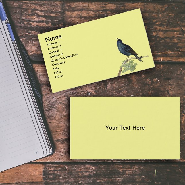 Elegant Vintage Black Bird Gult Visitkort (Singing black bird on branch leaves caterpillar on bright yellow business cards.)