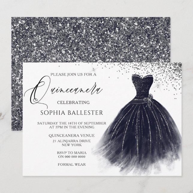 Elegant Vintage Black Glitter Gown Quinceanera Inbjudningar (Fram/baksida)