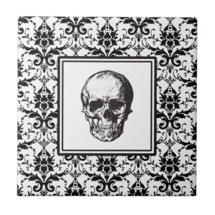 Elegant Vintage Black Gotham Damask Skull Kakelplatta