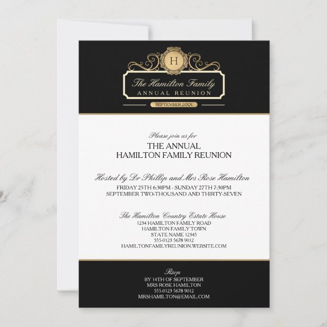 Elegant Vintage Black Guld Monogram Family Reunion Inbjudningar (Framsida)