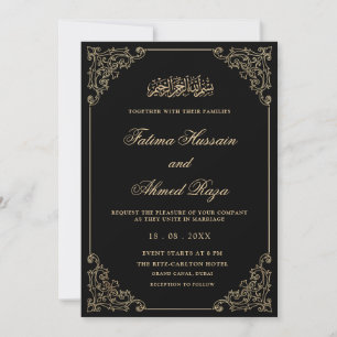 Elegant Vintage Black Guld skript Muslim Bröllop Inbjudningar