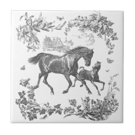 Elegant Vintage Black White Horses Floral Kakelplatta