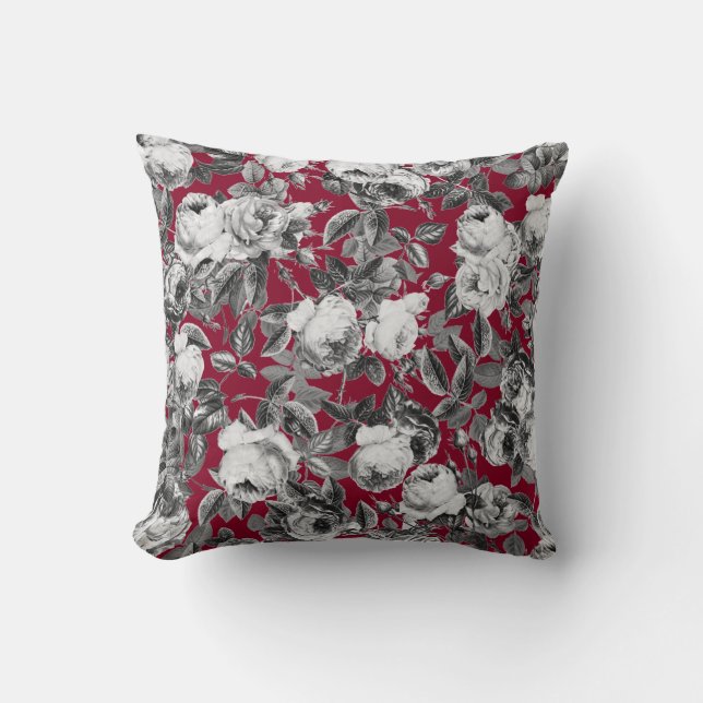 Elegant Vintage Black White Ro på Burgundy Kudde (Framsida)