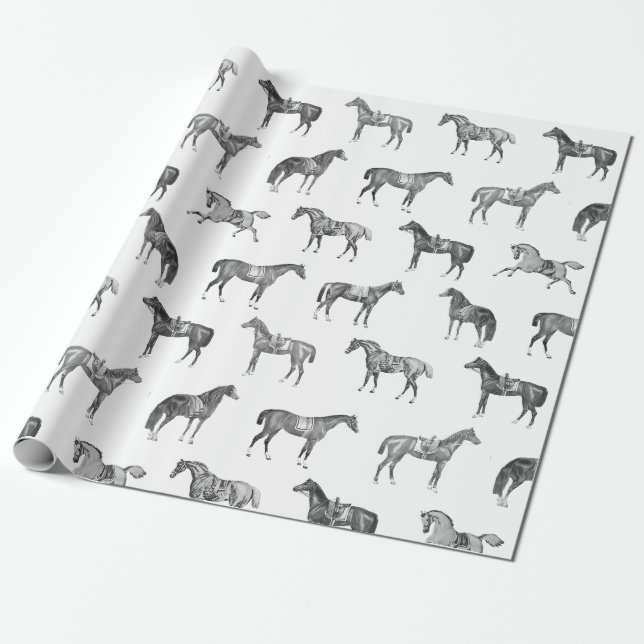 Elegant Vintage Black White Saddled Horses  Presentpapper (Utrullad)
