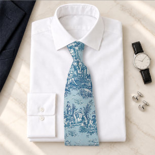 Elegant vintage blågrå toile de jouy tryckt slips