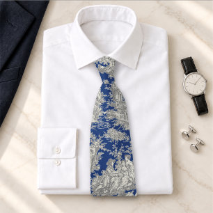 Elegant vintage blågrå toile de jouy tryckt slips