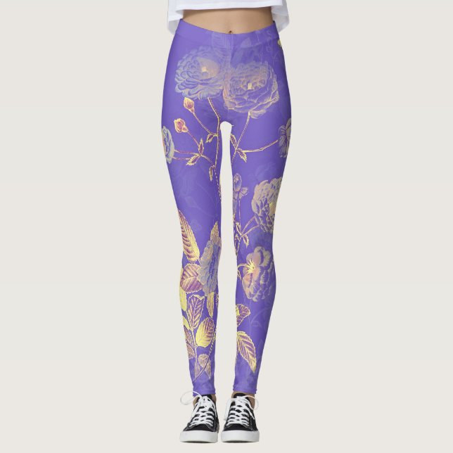 Elegant Vintage Blått Guld Blommigt Illustration Leggings (Framsida)