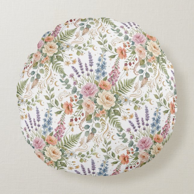 Elegant Vintage Blommig Botanisk Design Rund Kudde (Framsidan)