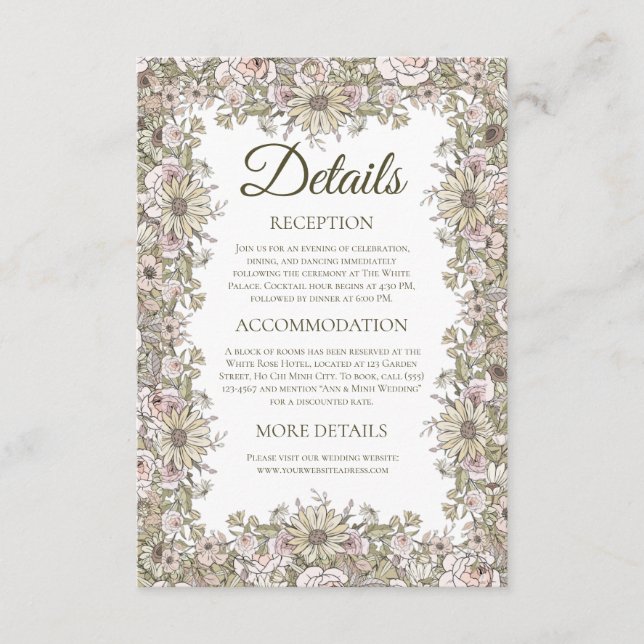 Elegant Vintage Blommig Bröllopsdetaljkort Tilläggskort (Framsida)