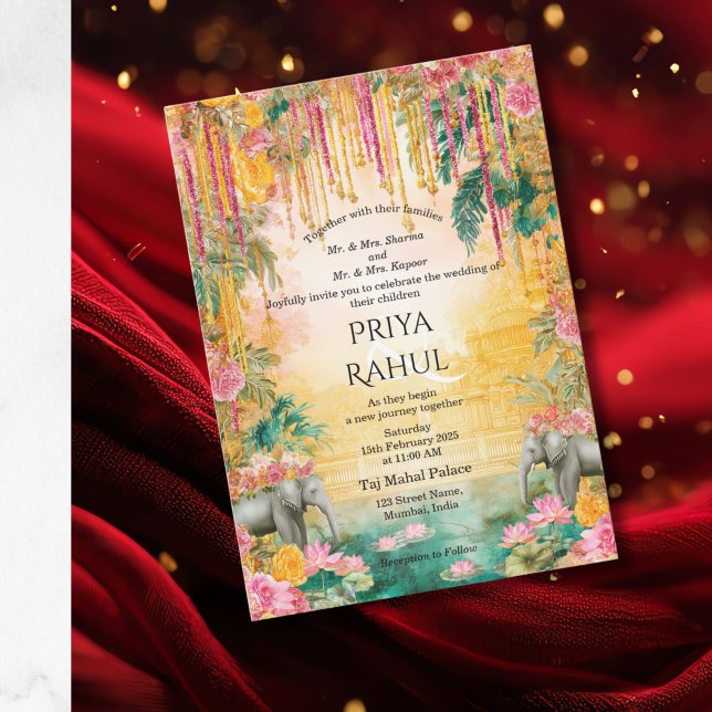 Elegant Vintage Blommig Elefanter Indisk Bröllopsi Inbjudningar (colorful indian wedding invitation with floral elephants)