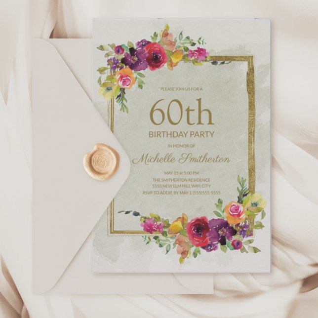 Elegant Vintage Blommig Kvinnas 60-årsdag Inbjudningar (Elegant purple and pink vintage flowers 60th birthday party invitation
)
