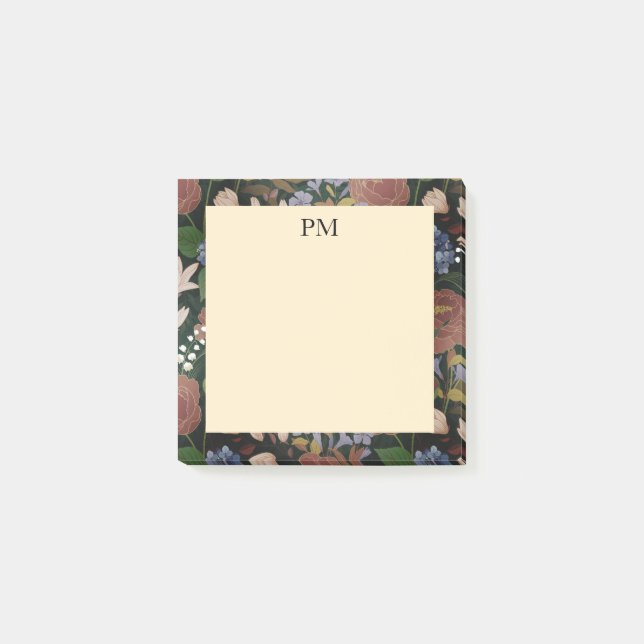 Elegant Vintage Blommig Monogram Post-it Block (Framsida)