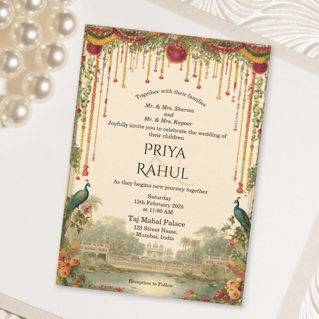 Elegant Vintage Blommig Påfågel Indisk Bröllop Inbjudningar (Elegant Vintage Floral Peacock Indian Wedding Invitation)