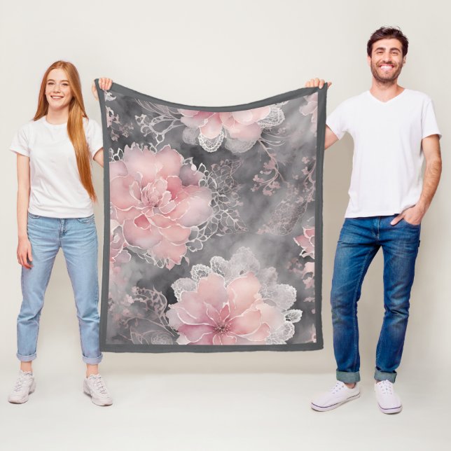 Elegant Vintage Blommig Spetsmönster Rosa och Grå Fleecefilt (På plats)