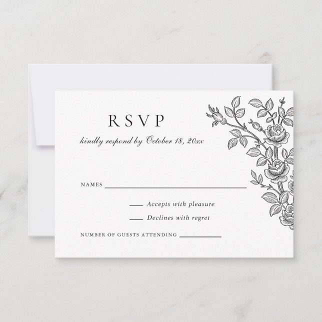 Elegant Vintage Blommig Svart Vit Bröllops-RSVP Inbjudningar (Framsida)