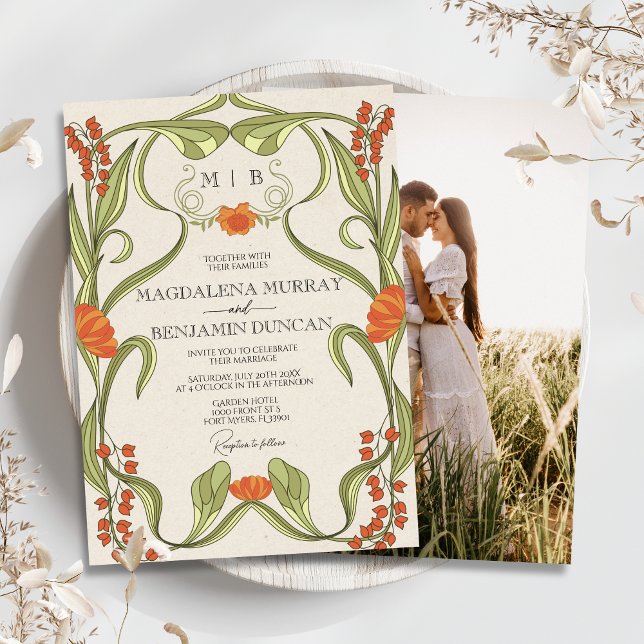 Elegant Vintage Blommigt Art nouveau Photo Bröllop Inbjudningar (Skapare uppladdad)