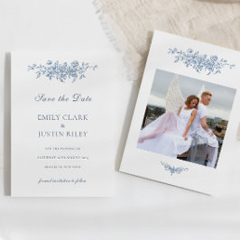 Elegant Vintage Blommigt Blåfoto Spara datum Inbjudningar