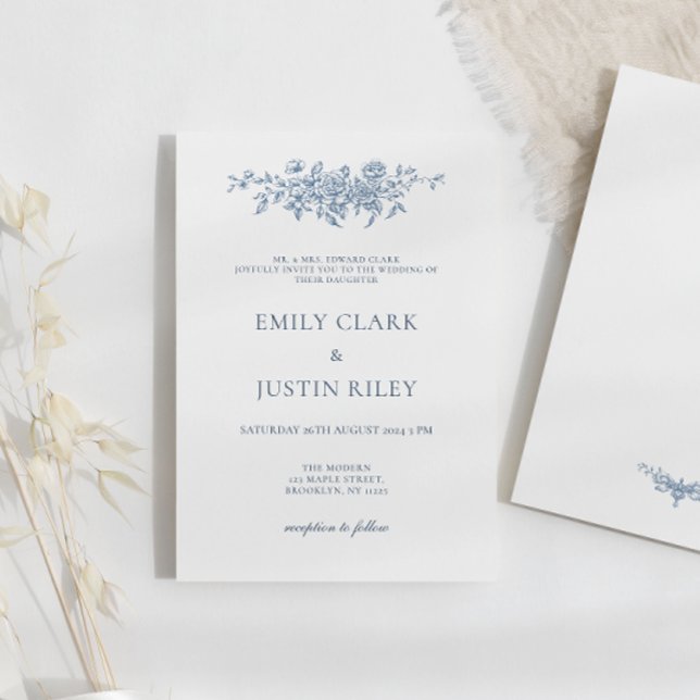 Elegant Vintage Blommigt Blue Bröllop Inbjudningar (Skapare uppladdad)