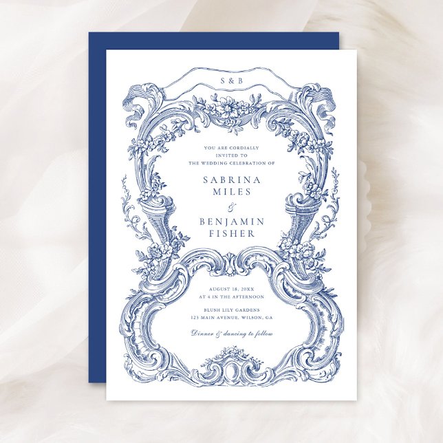 Elegant Vintage Blommigt Blue Toile Ram Bröllop Inbjudningar (Skapare uppladdad)