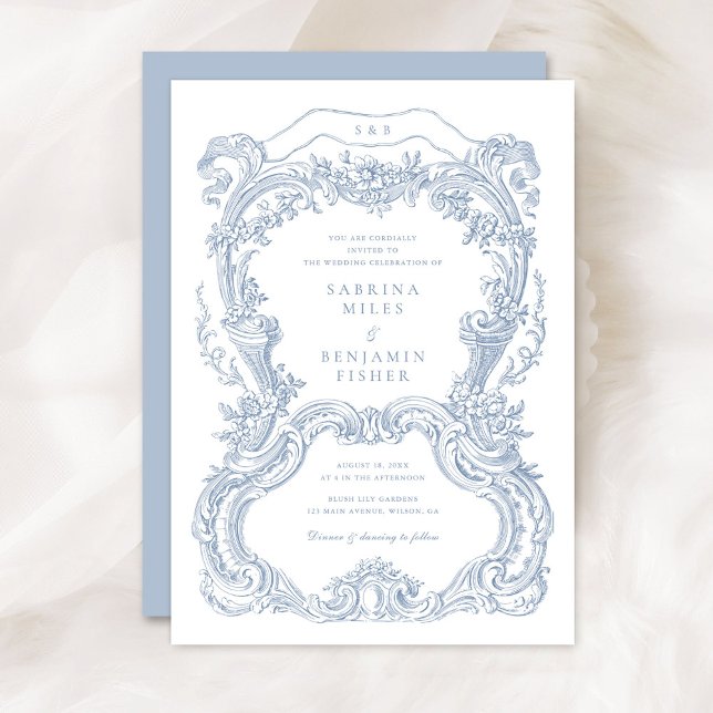 Elegant Vintage Blommigt Blue Toile Ram Bröllop Inbjudningar (Skapare uppladdad)