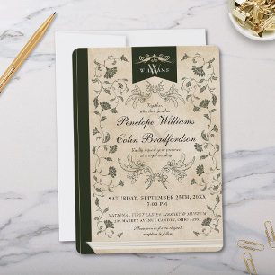 Elegant Vintage Blommigt Bok Cover Bröllop Inbjudningar