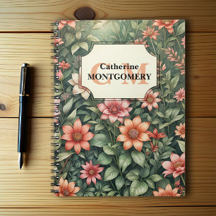 Elegant Vintage Blommigt Botaniskt Namn och initia Anteckningsbok