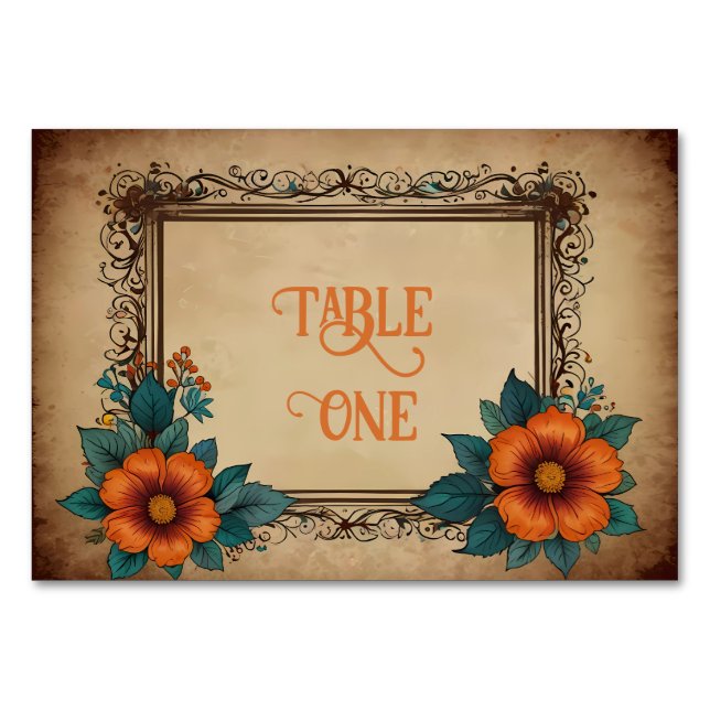 Elegant Vintage Blommigt Bröllop Bordsnummer (Framsidan)